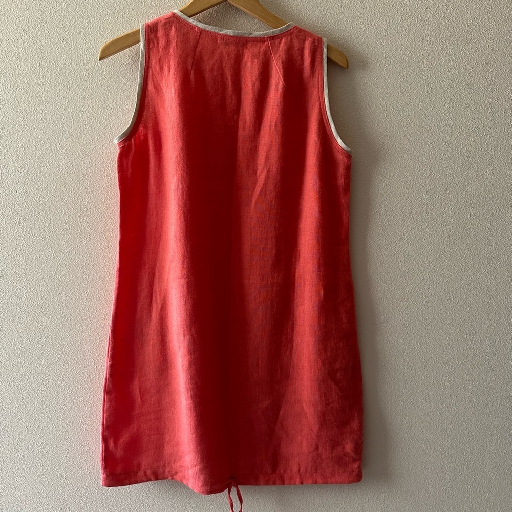 I Linen Crew Neck Sleeveless Dress in Coral with Natural Colored Trim size M - Picture 8 of 8